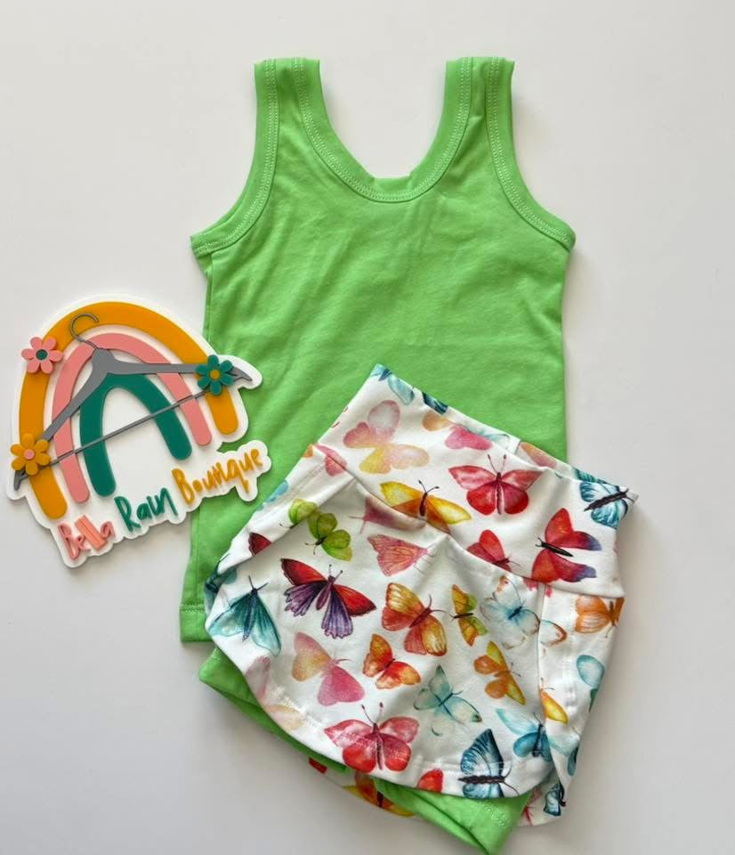 9-12M Solid Green Tank and Butterfly Skort Set