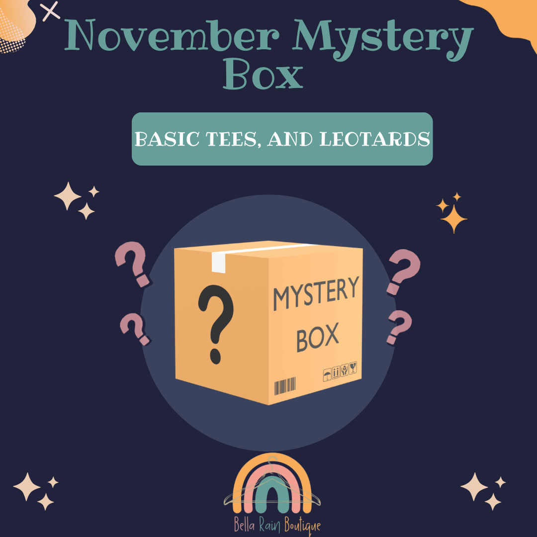 November Mystery BoxNovember style of the month - Leotard & Basic Tee
Boxes include:
- 1 item in the featured style of the month in a mystery print
Mystery boxes are LIMITED ♥️