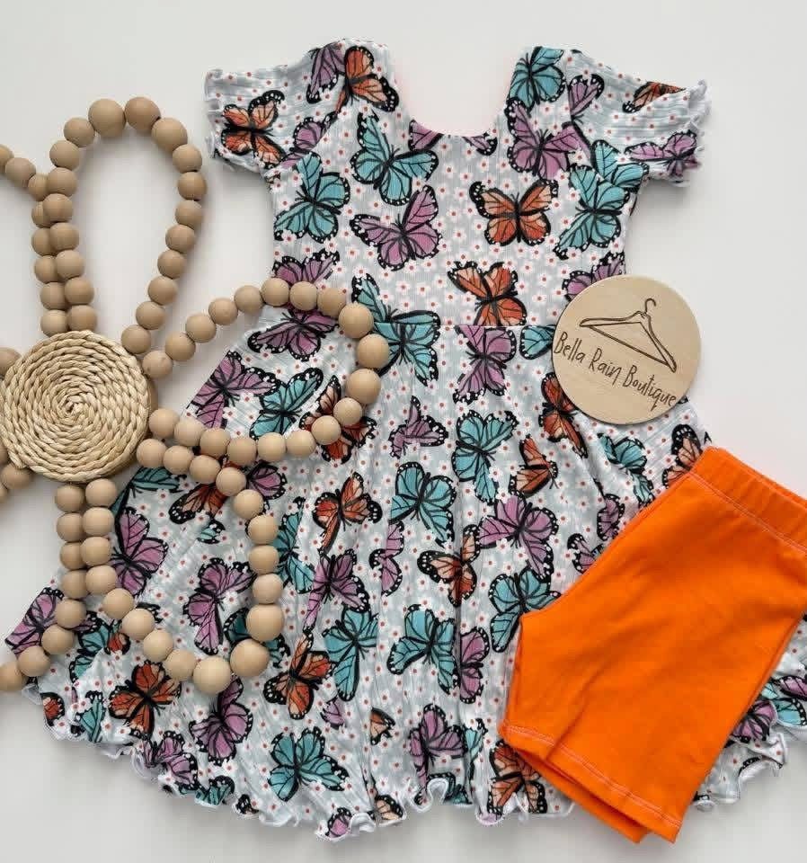 Spring Butterfly Floral Dress and Orange Biker Shorts