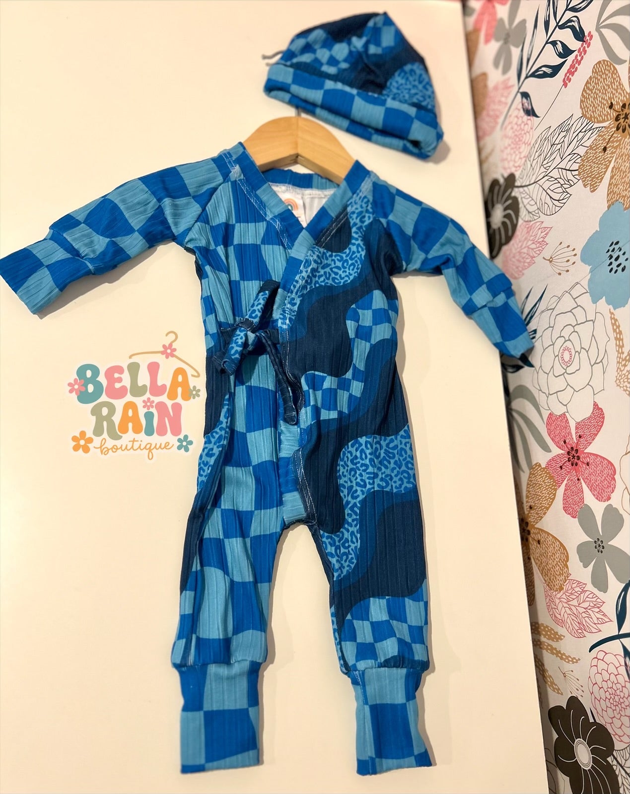 Newborn River Romper & Matching Hat Set
