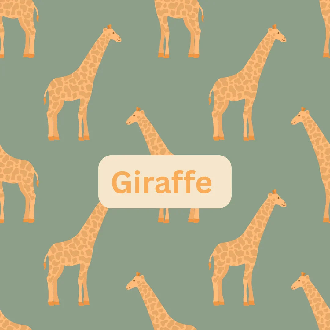 Cute giraffe pattern on green background with 'Giraffe' text, Bella Rain Boutique kids clothing