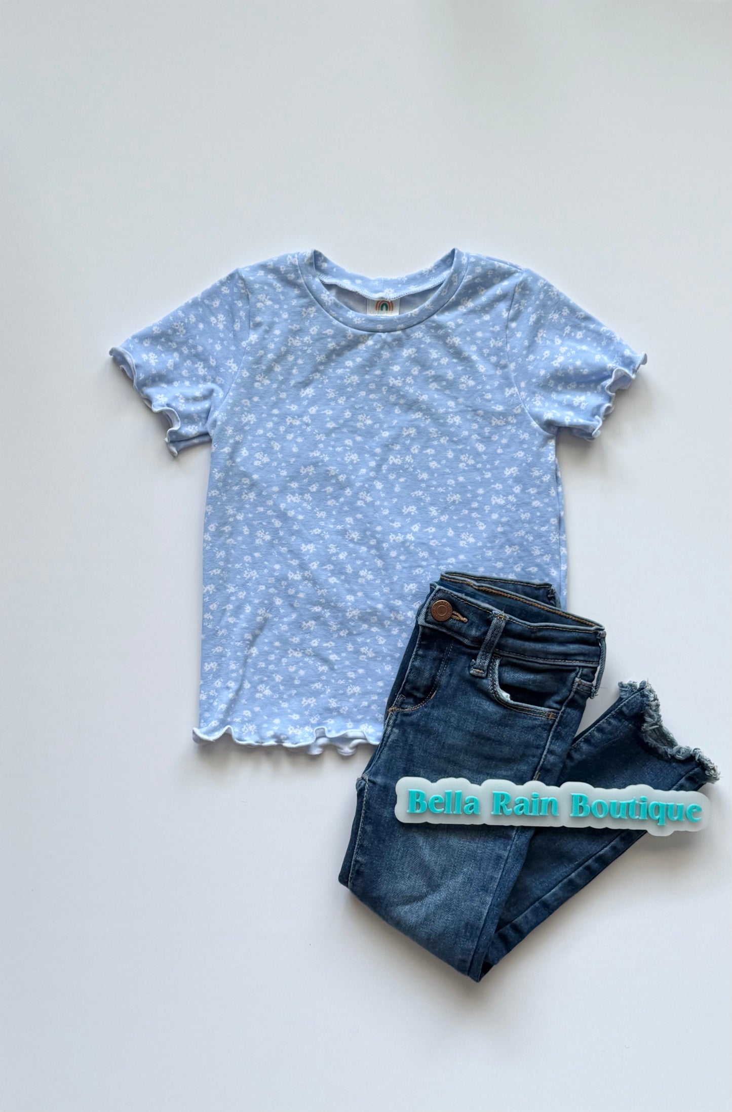 2T Blue floral lettuce hem tee