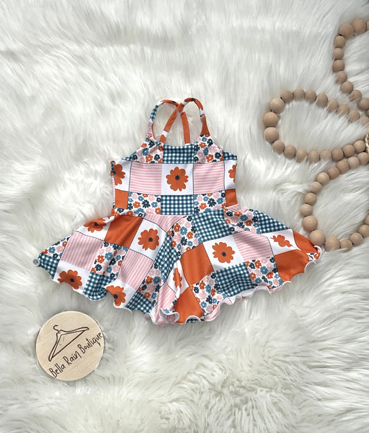 Patchwork skirted romper