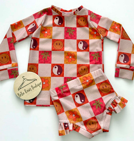 4T Retro Beach Rashguard & Ruffle Swim Bottoms