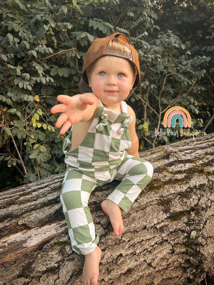 Checkered Knotted Overalls, green overalls, overalls for kids, unisex outfits for boys