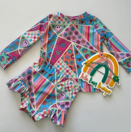 9-12M Groovy Patchwork Rashguard & Ruffle Swim Bottoms
