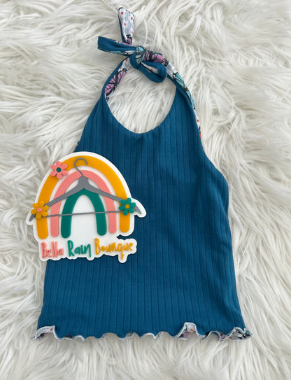 5T Butterfly Reversible Blue Halter Top