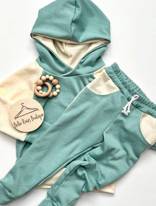 Cream And Mint Spring Color Blocked Joggers & Hoodie