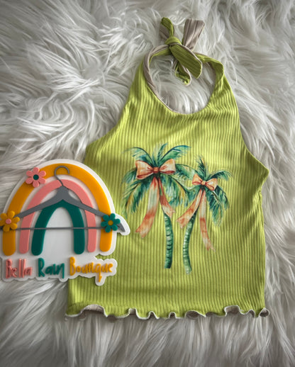 4T Reversible Lime Palm Tree Graphic Halter Top