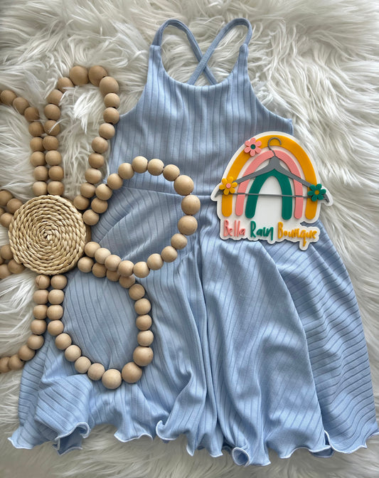 3T Solid Blue Cross Back Lettuce Hem Dress