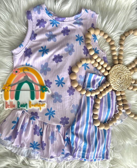 Size 8 Purple Floral/Stripe Ruffle Set