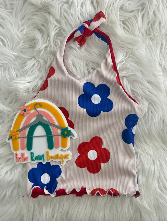2T Red, White, Blue Reversible Red Halter Top