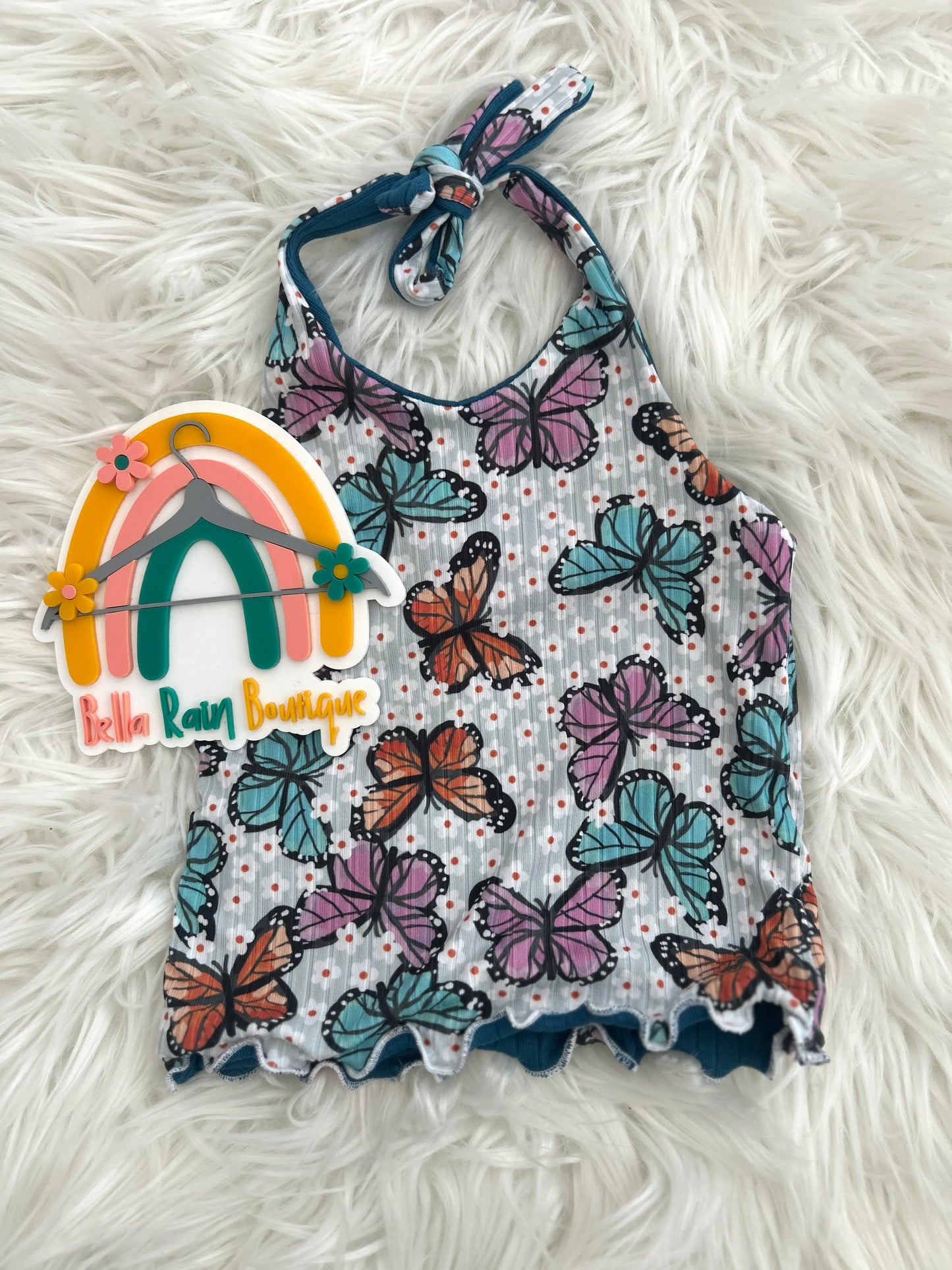 5T Butterfly Reversible Blue Halter Top