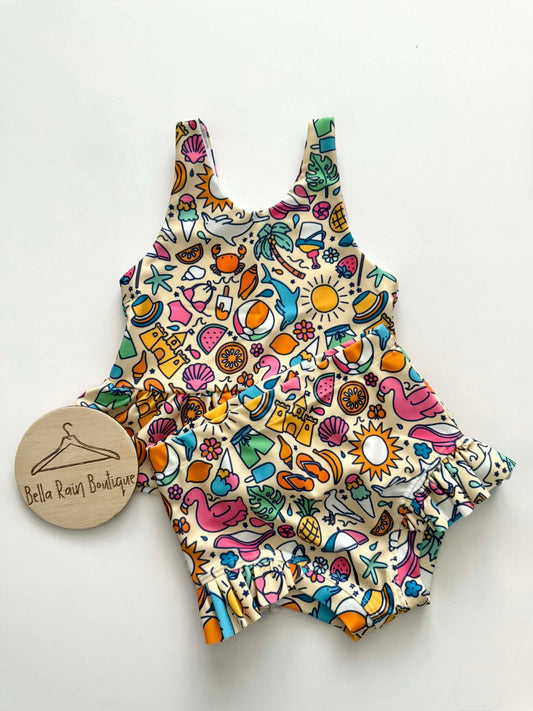 5T Flamingo Beach Swim Tank and Ruffle Swim Bottoms