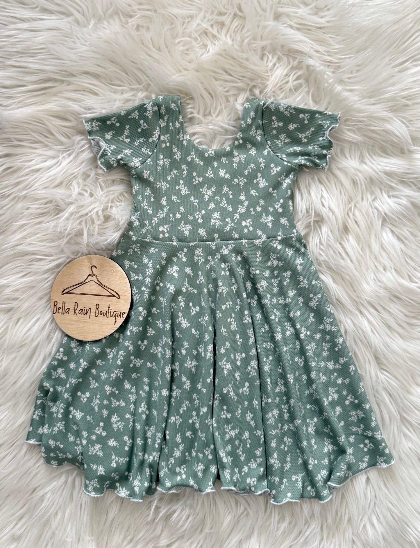 3T Sage Floral Twirl Dress With Lettuce Hem