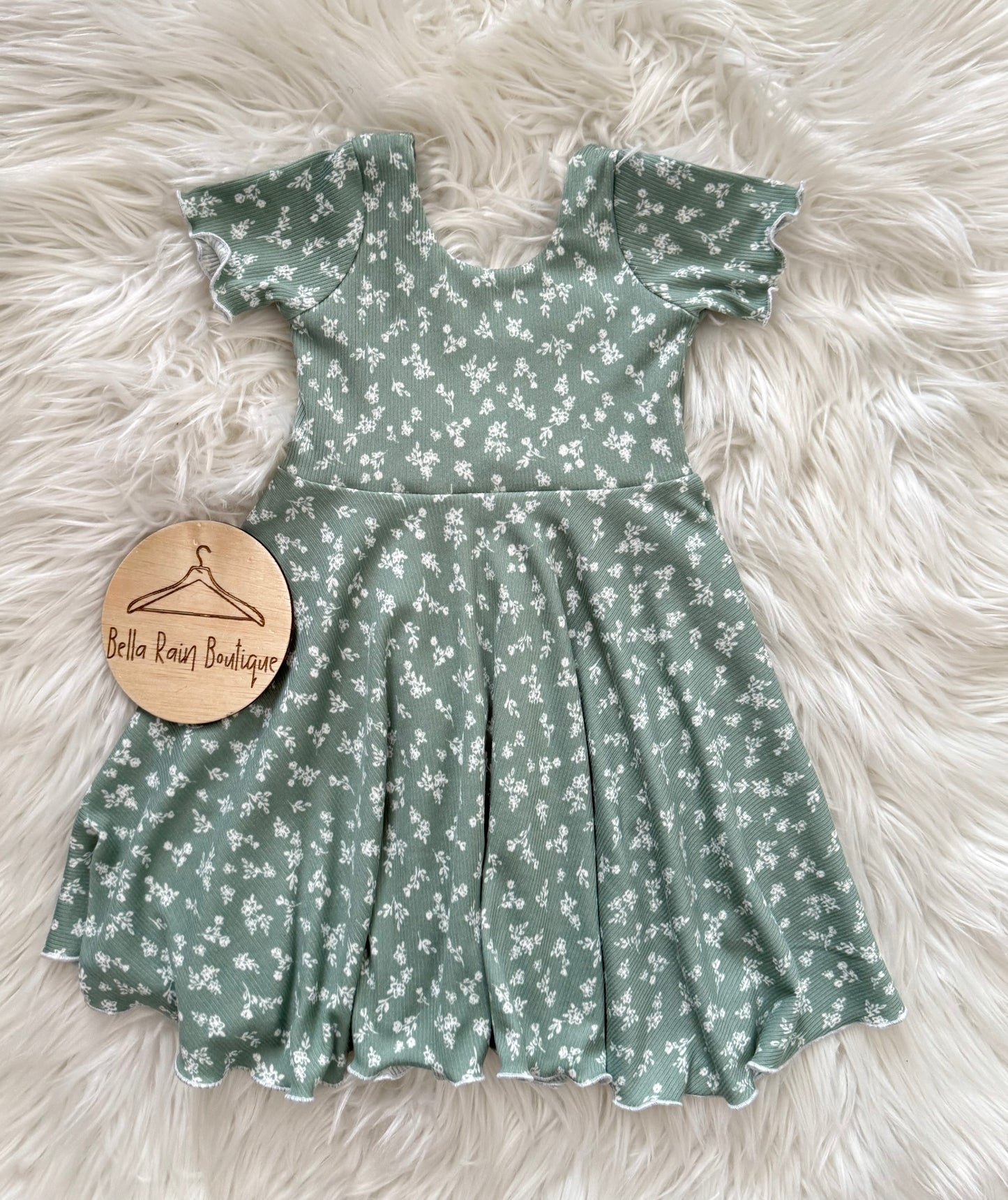 3T Sage Floral Twirl Dress With Lettuce Hem