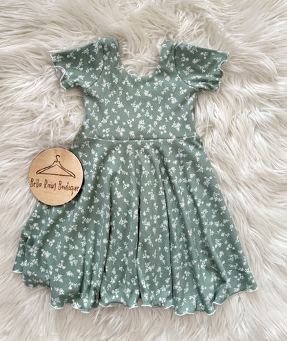 3T Sage Floral Twirl Dress With Lettuce Hem