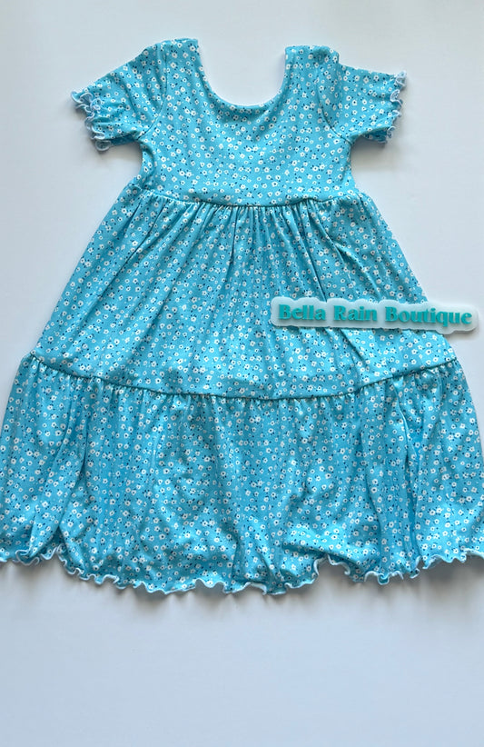 5T Blue floral tiered lettuce hem dress