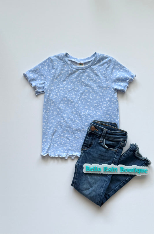 2T Blue floral lettuce hem tee