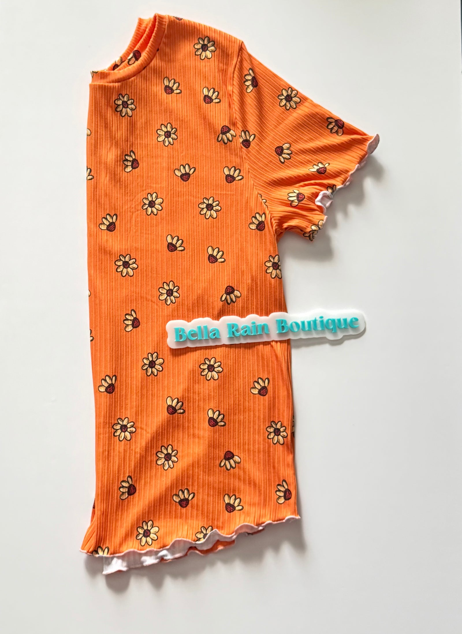 Adult large orange floral lettuce hem tee