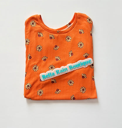 Adult large orange floral lettuce hem tee